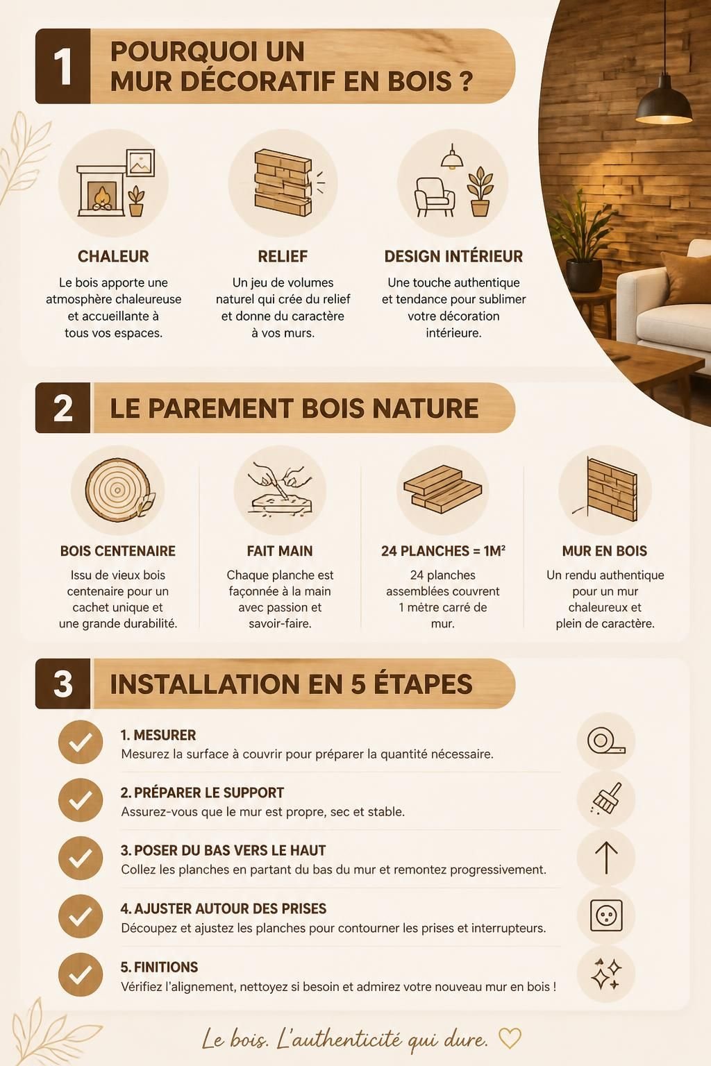 apportez chaleur et authenticité à votre intérieur grâce à un mur décoratif en bois unique, conçu pour sublimer votre espace et refléter votre style.